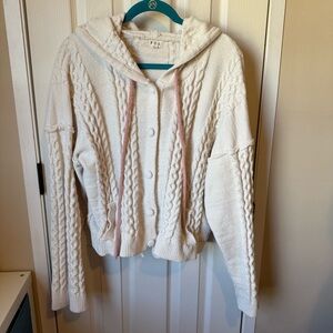 POL Cream Cable-Knit Hooded Cardigan with Pink Drawstrings Large